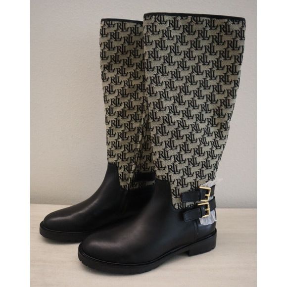 Lauren Ralph Lauren Womens Sz 7 Black Emelie Monogram Jacquard Riding Boots $250 - Picture 1 of 12